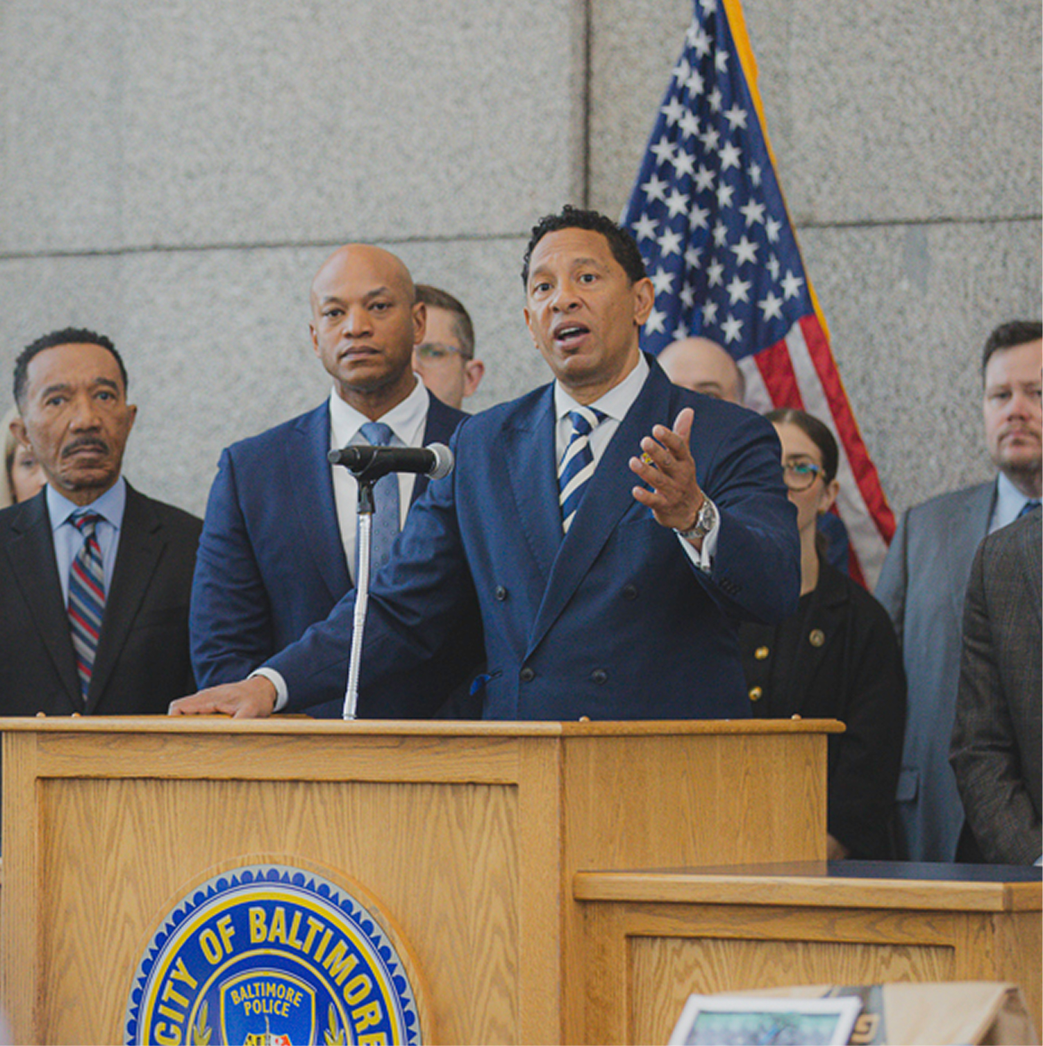 Baltimore City State&rsquo;s Attorney Ivan J. Bates speaking at a podium.